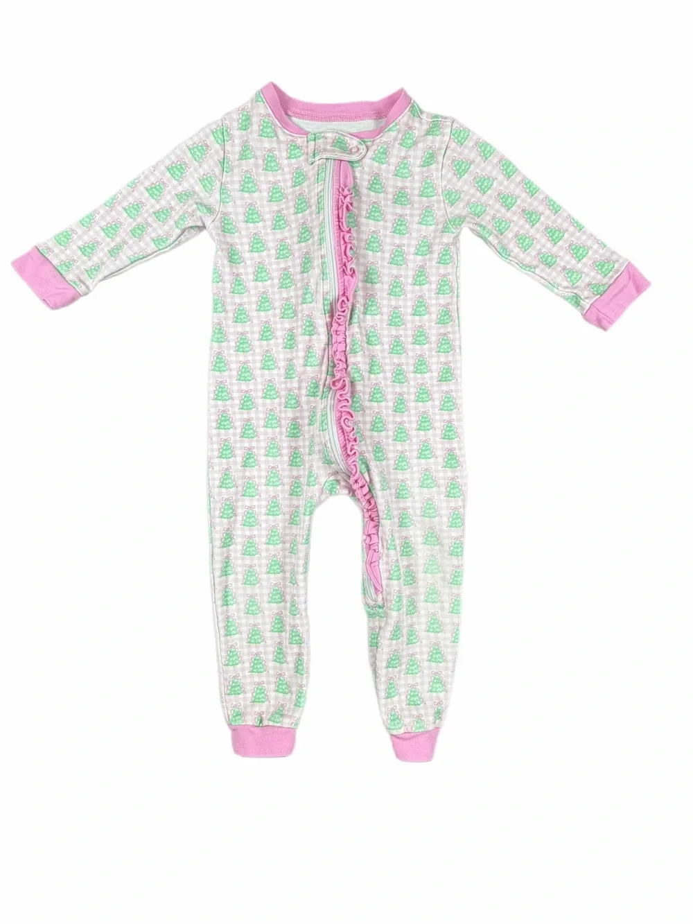 JAMES & LOTTIE Pink Gingham Christmas Tree Zip Up Ruffle Jammie’s - 12M